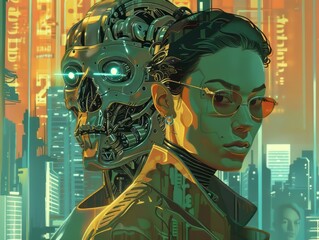 Aufkleber - A woman stands in front of a robot with a skull on its head. The robot is wearing a black jacket and sunglasses. The image is a futuristic scene with a city in the background