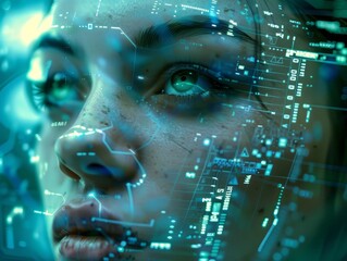 Aufkleber - A woman's face is shown in a computer screen with a blue background. The woman's eyes are open and staring at the camera. Concept of technology and artificial intelligence