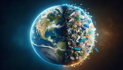 earth from space with various plastic waste on the one side for earth day celebration.
