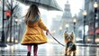 without watermark caption take a cute photo of a little girl walking her cute yorkie dog on a rainy day