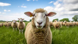 Fototapeta Londyn - Closeup of a sheep with sheep herd in the field in the warming light of sunrise.