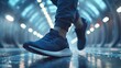 Running man. Close up of male legs in sneakers running in urban tunnel