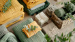 Knitted woolen sweaters and boho wicker baskets with green eucalyptus branches on wooden background.