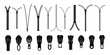 © Little Monster 2070 - Closed and open zipper. Set of different lightnings. Zip pulls or zipper pullers, black zip lock stock collection isolated on white background. Vector illustration
