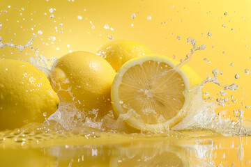 Wall Mural - lemon among water splashes on a yellow background