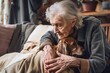 An elderly woman with a serene expression embraces a loving dog, finding comfort and companionship in the presence of her pet amidst the challenges of dementia.