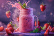 Healthy strawberry smoothie in a glass jar with splashes of water and delicious strawberries.
