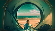 Camping On Lake Shore At Sunset, View From Inside Tourist Tent. Girl Enjoy Nature In Front Of Tent. Tourism, Mountains, Lifestyle, Nature, People. Tent Lookout On A Camp On Beach.