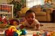 A black-skinned infant baby exploring the world around of a living room with a variety of stimulating toys.