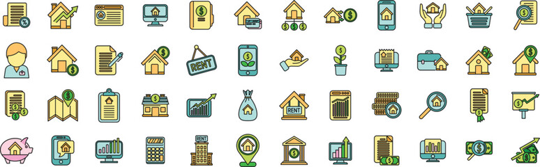 Poster - property investments icons set outline vector. investment broker. agent estate thin line color flat 