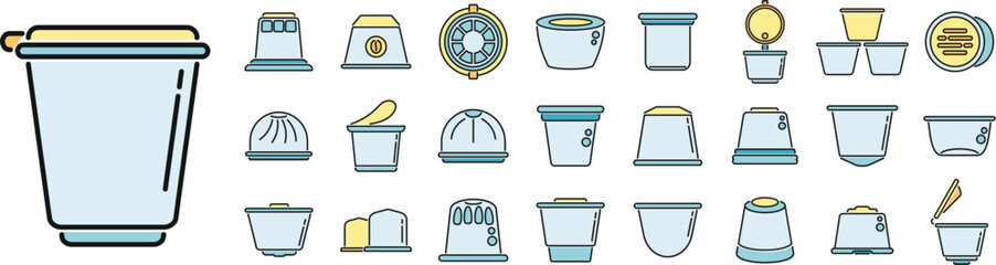 Poster - Capsule coffee icons set outline vector. Aroma pod. Strong coffee thin line color flat on white