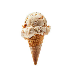 Wall Mural - Front view of a delicious looking single caramel apple crisp ice cream scoop on a cone levitating in the air isolated on a white transparent background