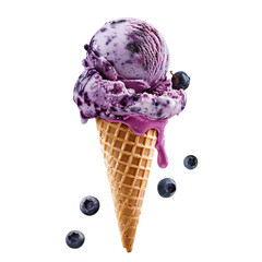 Wall Mural - Front view of a delicious looking single blueberry cheesecake swirl ice cream scoop on a cone levitating in the air isolated on a white transparent background