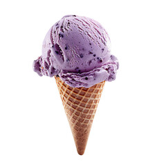 Wall Mural - Front view of a delicious looking single lavender blueberry ice cream scoop on a cone levitating in the air isolated on a white transparent background
