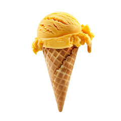 Wall Mural - Front view of a delicious looking single mango ice cream scoop on a cone levitating in the air isolated on a white transparent background