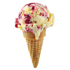 Wall Mural - Front view of a delicious looking single lemon raspberry swirl ice cream scoop on a cone levitating in the air isolated on a white transparent background