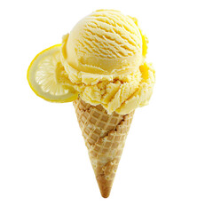 Wall Mural - Front view of a delicious looking single lemon sorbet ice cream scoop on a cone levitating in the air isolated on a white transparent background