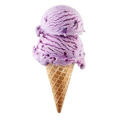 Wall Mural - Front view of a delicious looking single lavender lemon swirl ice cream scoop on a cone levitating in the air isolated on a white transparent background