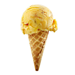 Wall Mural - Front view of a delicious looking single mango pineapple swirl ice cream scoop on a cone levitating in the air isolated on a white transparent background