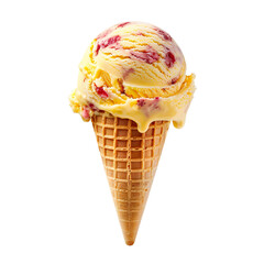 Wall Mural - Front view of a delicious looking single mango raspberry swirl ice cream scoop on a cone levitating in the air isolated on a white transparent background
