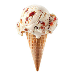 Wall Mural - Front view of a delicious looking single maple bacon ice cream scoop on a cone levitating in the air isolated on a white transparent background
