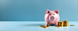 Sad and worried pink pig piggy bank next to a few gold coins, isolated on blue background. Investment failure, bankruptcy concept - Generative AI
