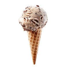 Wall Mural - Front view of a delicious looking single mocha hazelnut crunch ice cream scoop on a cone levitating in the air isolated on a white transparent background