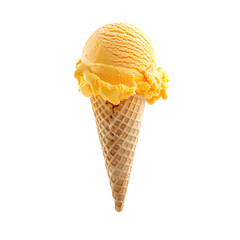 Wall Mural - Front view of a delicious looking single peach mango swirl ice cream scoop on a cone levitating in the air isolated on a white transparent background
