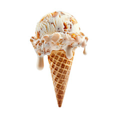 Wall Mural - Front view of a delicious looking single peach cobbler ice cream scoop on a cone levitating in the air isolated on a white transparent background