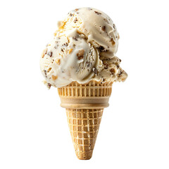 Wall Mural - Front view of a delicious looking single peanut butter banana split ice cream scoop on a cone levitating in the air isolated on a white transparent background