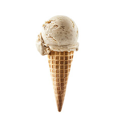Wall Mural - Front view of a delicious looking single peanut butter banana ice cream scoop on a cone levitating in the air isolated on a white transparent background