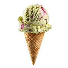 Wall Mural - Front view of a delicious looking single pistachio rose ice cream scoop on a cone levitating in the air isolated on a white transparent background