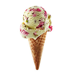 Wall Mural - Front view of a delicious looking single raspberry pistachio swirl ice cream scoop on a cone levitating in the air isolated on a white transparent background