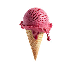 Wall Mural - Front view of a delicious looking single raspberry lemonade sorbet ice cream scoop on a cone levitating in the air isolated on a white transparent background