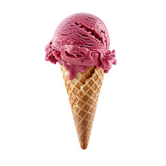 Wall Mural - Front view of a delicious looking single raspberry sorbet ice cream scoop on a cone levitating in the air isolated on a white transparent background
