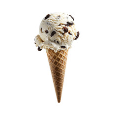Wall Mural - Front view of a delicious looking single rum raisin ice cream scoop on a cone levitating in the air isolated on a white transparent background