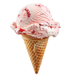 Wall Mural - Front view of a delicious looking single strawberry ice cream scoop on a cone levitating in the air isolated on a white transparent background