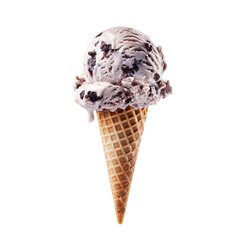 Wall Mural - Front view of a delicious looking single taro ice cream scoop on a cone levitating in the air isolated on a white transparent background