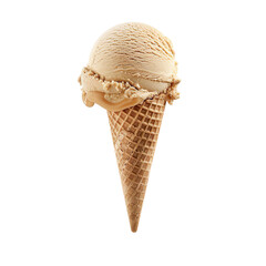 Wall Mural - Front view of a delicious looking single salted caramel ice cream scoop on a cone levitating in the air isolated on a white transparent background