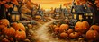 Unique pumpkin village, whimsical cottages, ground level, autumn sunset, harvest warmth