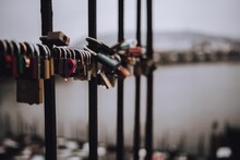 Closeup Shot Of Love Locks On The Bridge On A Blurred Background