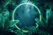 Vivid green neon circles frame lush tropical leaves against a dark background, reminiscent of junglepunk aesthetics