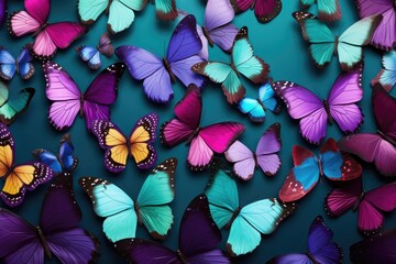 colorful butterflies on blue background. top view. spring pattern nature background.