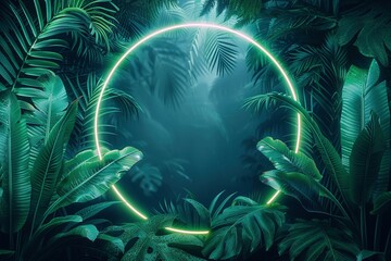 Vivid green neon circles frame lush tropical leaves against a dark background, reminiscent of junglepunk aesthetics