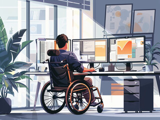 Poster - software developer in a wheelchair working at a multi-monitor computer setup in a bright, modern office. 