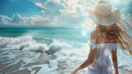 Wall Mural - woman on the beach in summer