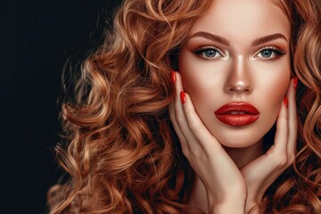 Beautiful woman with long  shiny wavy hair and red nails.