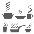 Hot food icon set, hot drink icon collection, steaming beverage pictograms with different waves, black isolated on white background, vector illustration.