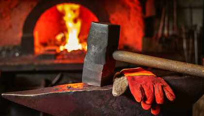 Extreme close-up of a large mallet and gloves above an iron anvil in front of a red hot burning furnace in a dark metalworking workshop or blacksmith. Generative Ai.