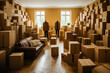 An elegant room filled to the brim with cardboard moving boxes, punctuated by the surreal presence of two mannequins dressed in suits.